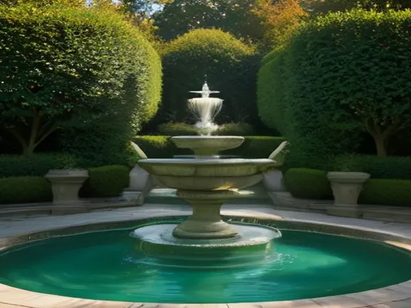 A formal French garden with clipped hedges and a fountain in soft light