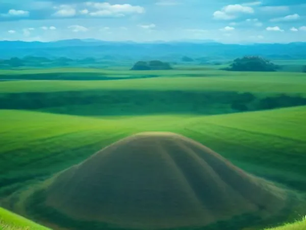 A rounded grassy hill in green countryside