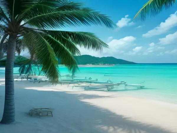A white sand beach with a palm tree and turquoise water