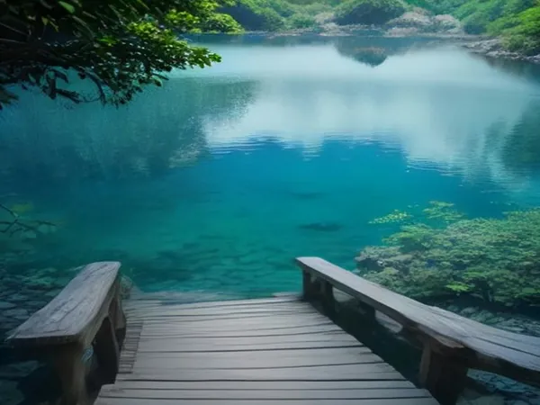 A clear blue lake framed by jagged limestone rocks