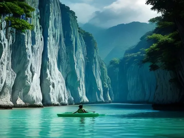 A kayak entering a lagoon ringed by limestone cliffs