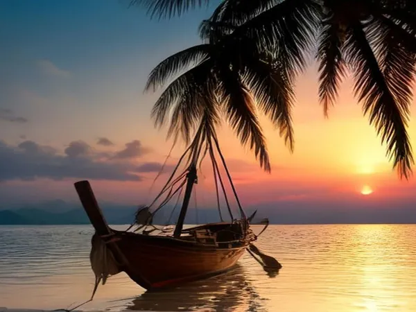 A wooden boat on calm water under palm trees at sunset