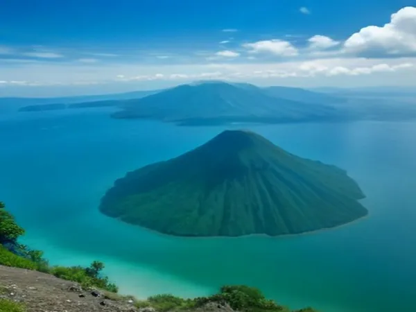 A volcano island in a wide lake seen from a green ridge