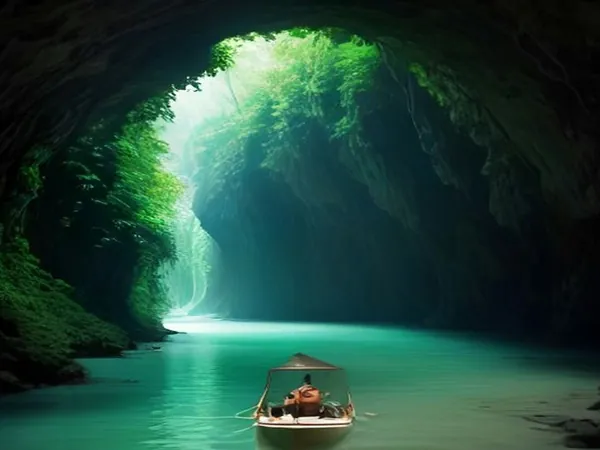 A small boat at the mouth of a limestone cave on a jungle river