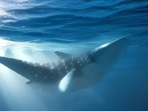 A large spotted shark swimming in deep blue water