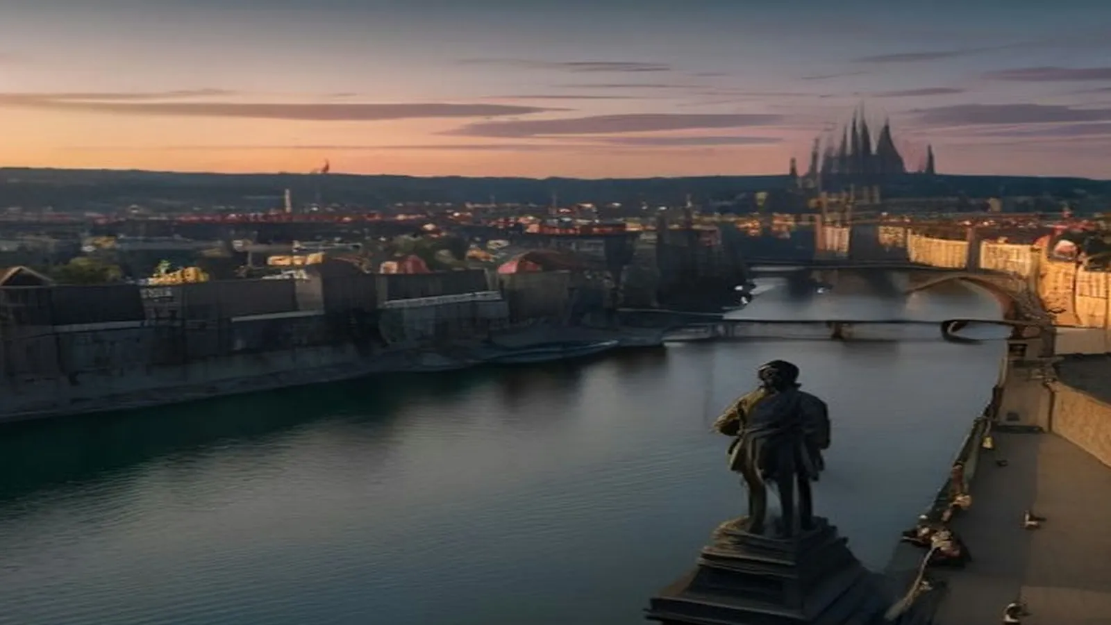 A bridge statue overlooking the Vltava River, its bridges and the spires of Prague at dusk