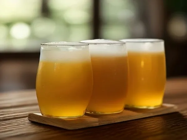 Glasses of golden Czech pilsner on a wooden bar