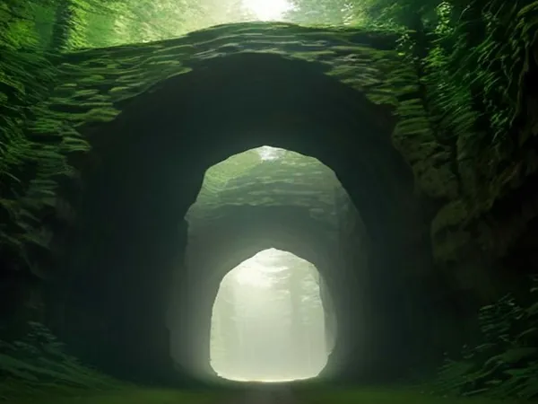 A mossy rock arch in a green forest gorge