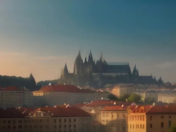 Prague Castle and the spires of St. Vitus Cathedral above red rooftops