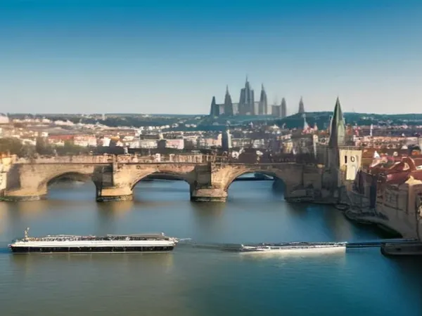 A white riverboat passing under Charles Bridge on the Vltava