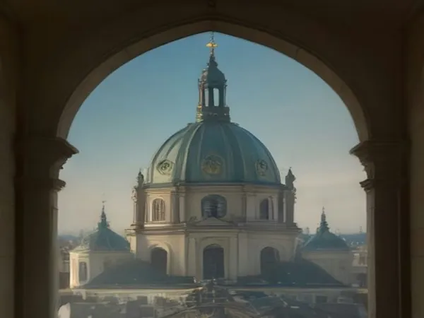 A baroque domed church seen through a stone archway