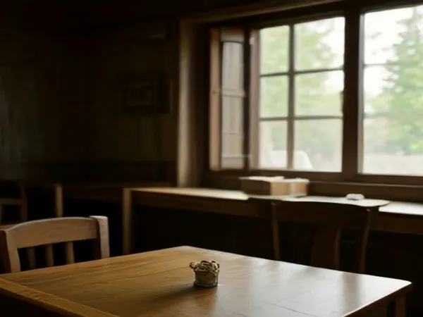 A rustic wood-paneled tavern room with a table by the window