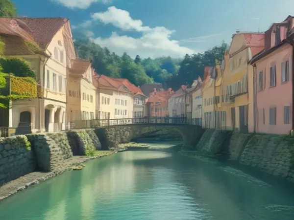 Pastel spa houses along a small river in Karlovy Vary