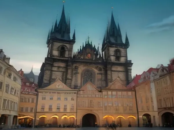 Old Town Square in Prague with the twin gothic towers of the Týn Church