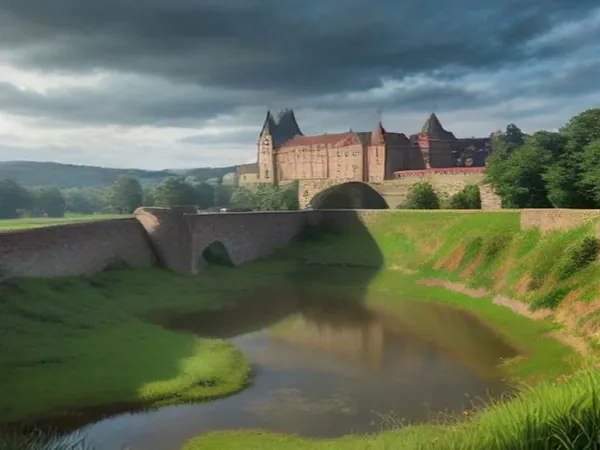 Old fortress walls and a grassy moat in the Czech countryside