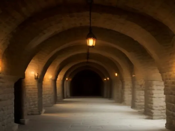 A stone vaulted medieval cellar lit by lanterns
