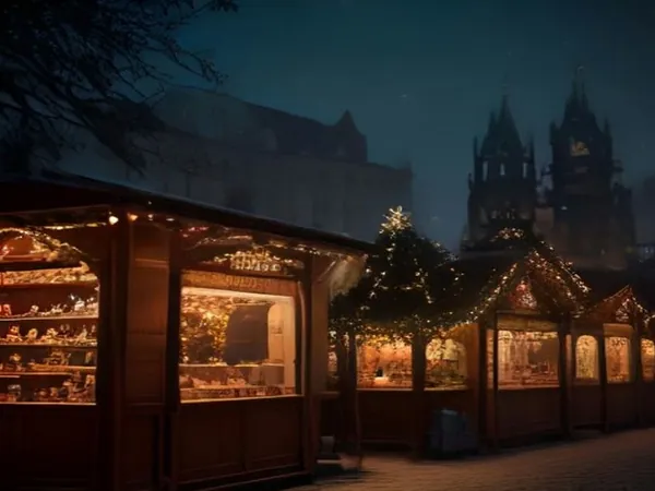 A Christmas market with wooden stalls and a lit tree in a historic square at dusk