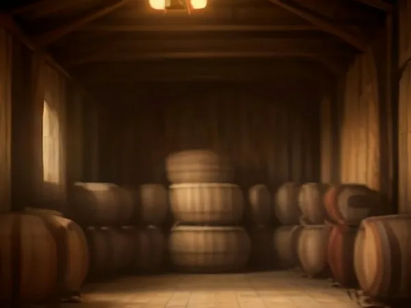 Rows of rum barrels in a dim cellar