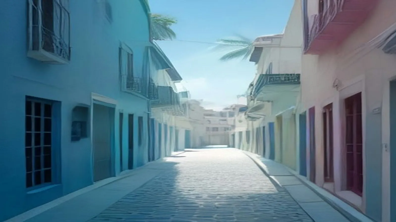Pastel colonial buildings along a blue cobblestone street in Old San Juan, with palm fronds against a clear sky