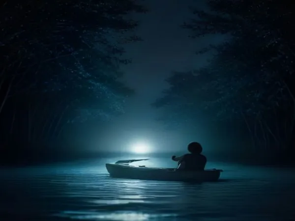 A kayak on dark water at night lit by a soft blue glow