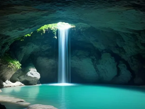 A turquoise pool inside a cave with a thin waterfall