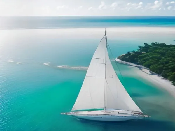 A white sailboat on turquoise water off a small green island