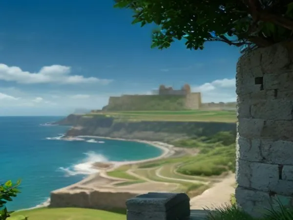 Stone fortress walls on a green headland above the ocean