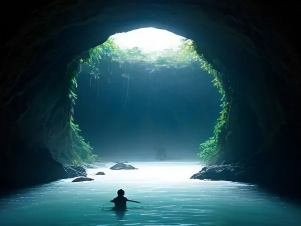 A river flowing out of a large cave opening in the jungle