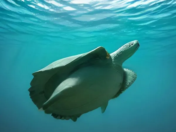 A green sea turtle swimming over a shallow reef
