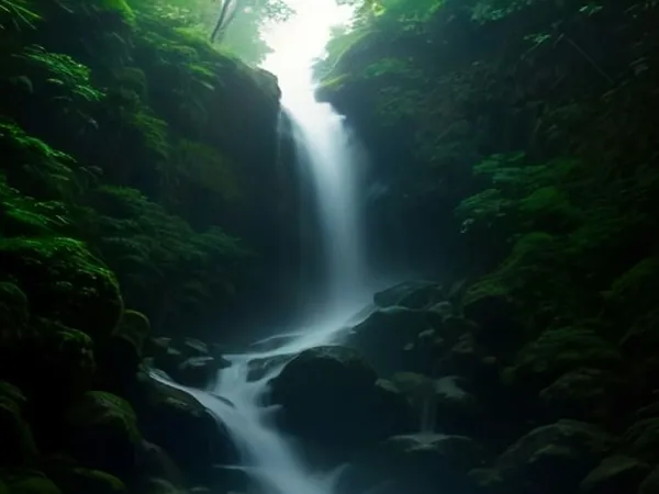 Misty rainforest mountains with a tall waterfall