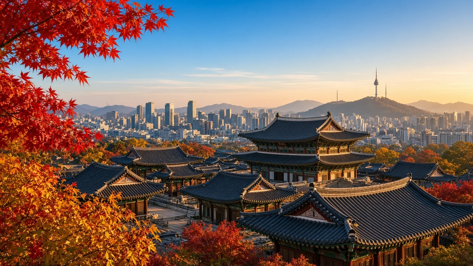 Traditional Korean palace rooftops framed by red autumn maple leaves, with the Seoul skyline and a hilltop tower behind