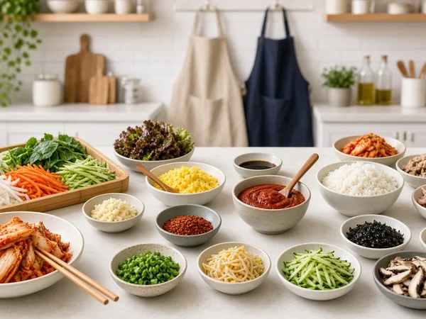 Ingredients for kimchi and bibimbap laid out for a cooking class