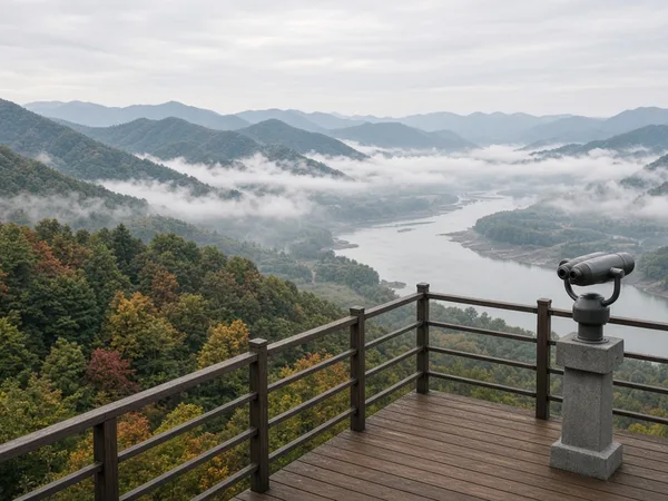 Observation deck with coin binoculars overlooking misty hills and a river valley