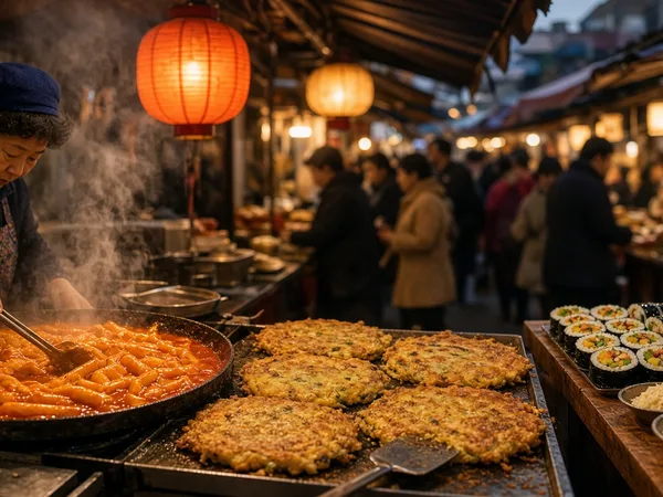 Steaming tteokbokki and mung bean pancakes at a lantern-lit Korean market stall