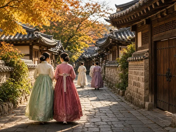 Travelers in colorful hanbok walking down a hanok village lane in autumn