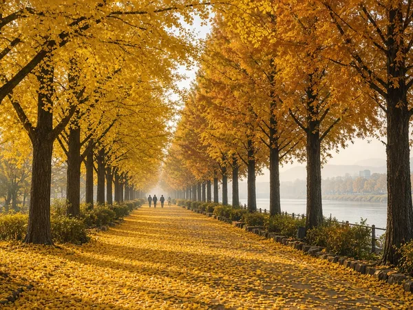 Avenue of golden ginkgo trees beside a river in autumn
