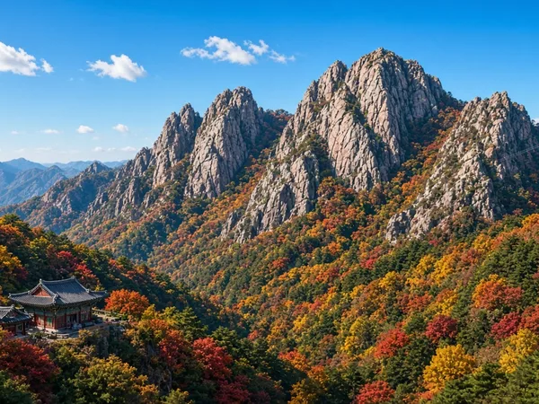 Granite peaks in red and orange autumn foliage with a small temple below