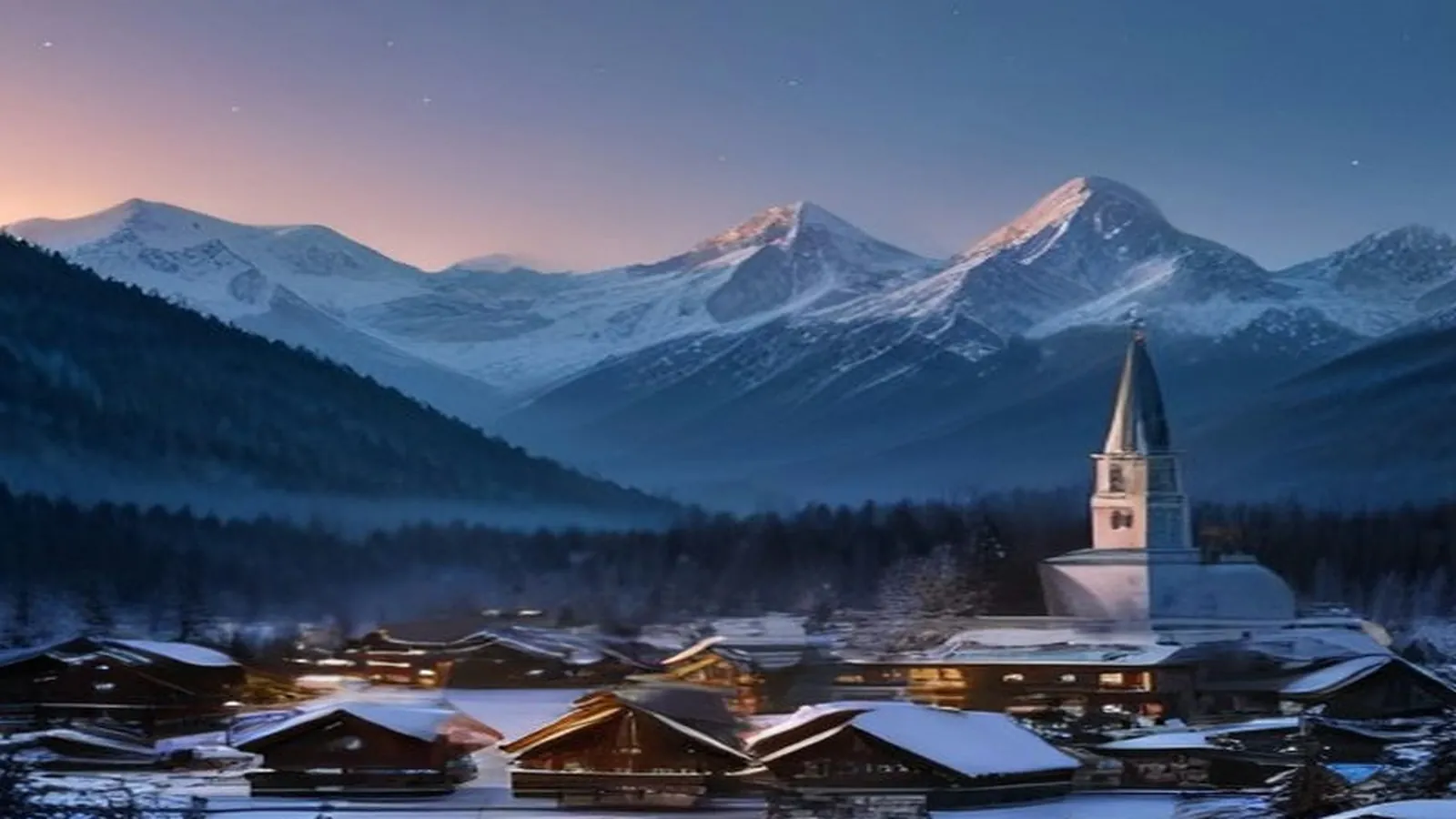 Snow-covered chalets and a church steeple in an alpine valley below snowy peaks at dusk
