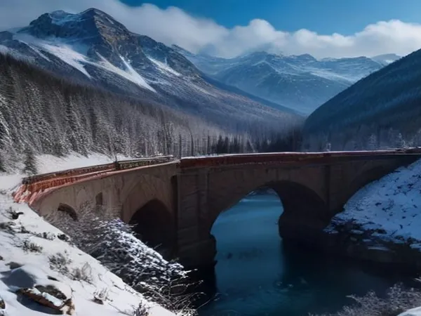 A red train crossing a curved stone viaduct in the snow