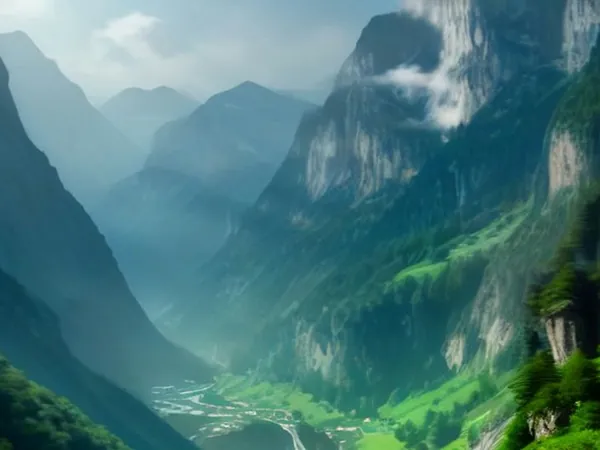 A waterfall dropping from cliffs beside a village of chalets