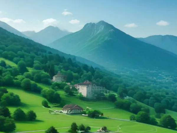 A hilltop village with a castle among green pastures