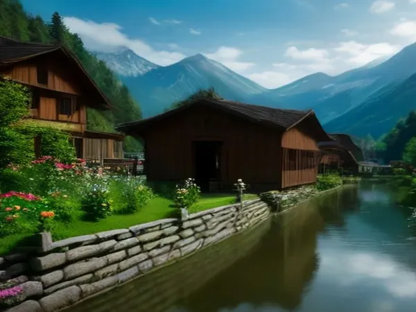A covered wooden bridge with flower boxes over a calm river