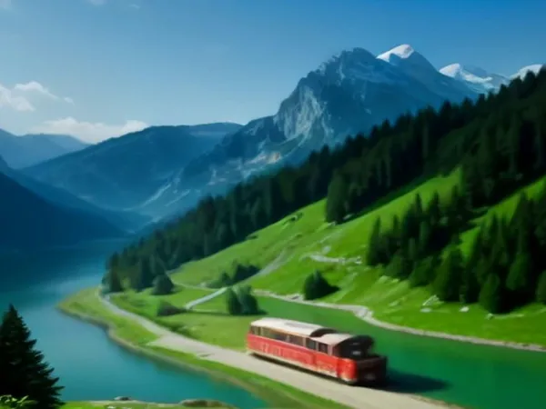 A red cogwheel train on a steep mountainside above a lake