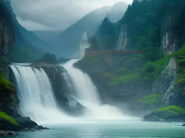A wide white waterfall with a small castle above it