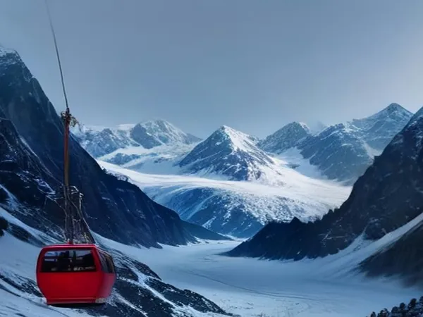 A red cable car gondola rising over snowy slopes