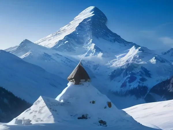 A pointed snowy peak above a small village of chalets