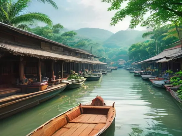 Wooden boats on a canal lined with stilt houses at a Thai floating market