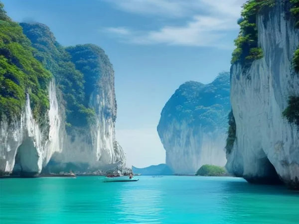 Turquoise lagoon and limestone cliffs with a small boat near Phi Phi islands