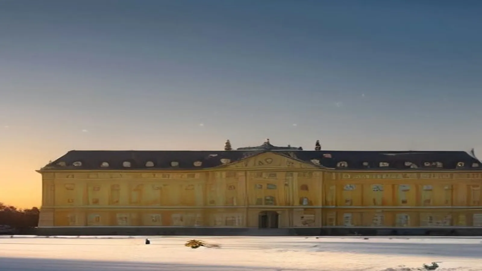 A yellow baroque palace across a snow-covered park at sunset