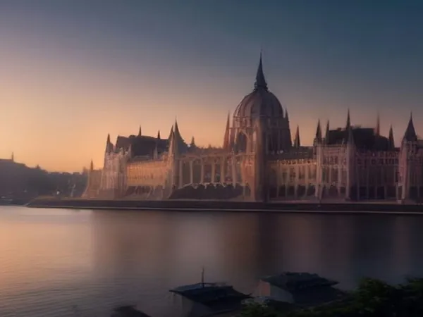 A neo-gothic parliament building on a riverbank at dusk